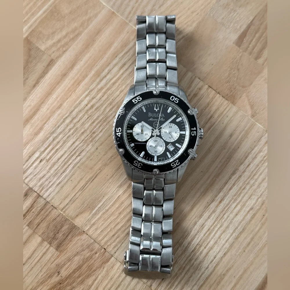 Bulova Marine Star Chronograph Watch Black Silver Dial Stainless Bracelet Date